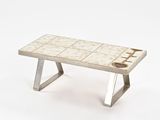 a small white bench with a tile top on a white background