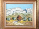 une peinture à l'huile représentant une scène de montagne avec un chemin de terre au premier plan