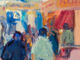 an oil painting of a group of people walking down a street