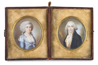 deux portraits miniatures représentant un homme et une femme, dans un étui en cuir