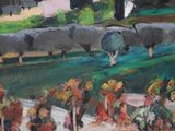 a painting of a group of people with umbrellas