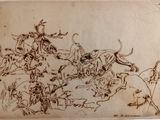 dessin représentant un groupe d'animaux dans un champ, avec un homme à cheval