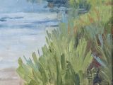 a painting of a boat on the water by the shore