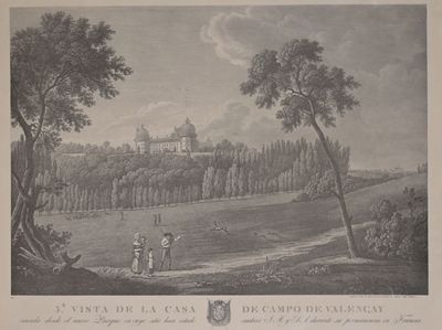 gravure représentant un château au loin, avec des personnes sur un sentier