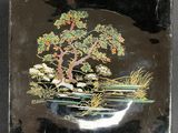 a black plate with a picture of a bonsai tree on it
