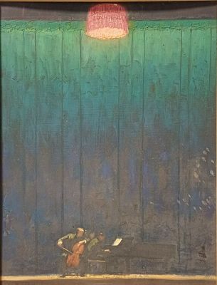 une peinture à l'huile représentant un homme jouant de la guitare devant un mur vert