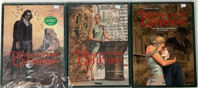 trois livres alignés sur une étagère, avec une femme tenant un couteau