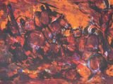 abstract painting of a group of men riding horses in a field