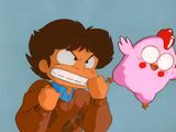 an image of a cartoon of a man and a pink bird