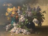 a painting of flowers in a vase on a table