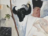 a painting of a bull and a man laying in a bed