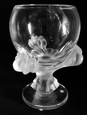 black and white photograph of a glass vase with a flower in it