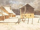 a painting of a farm in the snow by a fence