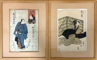 deux tableaux asiatiques encadrés représentant un homme et une femme en kimono