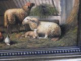 a painting of a sheep and two lambs in a barn