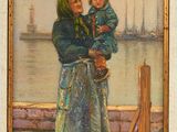 a painting of a woman holding a child by the water