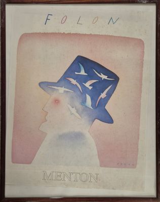 tableau représentant une femme portant un chapeau bleu orné d'oiseaux