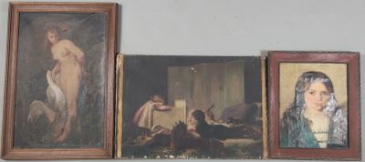 trois tableaux encadrés représentant une femme en robe verte et une femme en robe bleue