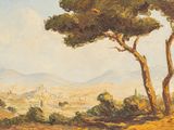peinture représentant un paysage avec des arbres et un château au loin