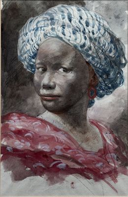portrait d'une jeune fille portant un turban bleu et un foulard rouge