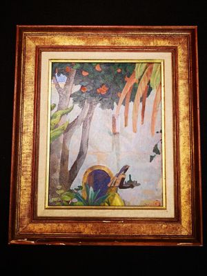 tableau représentant une femme en robe jaune tenant un oiseau dans la main