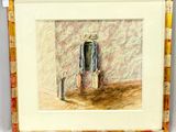 framed picture of a painting of a man with a suitcase and suitcase