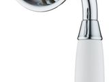 un gros plan d'une pomme de douche avec une poignée blanche