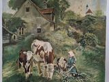 a painting of a woman and two cows in front of a house