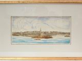 painting of a view of a city from the water with a boat in the foreground