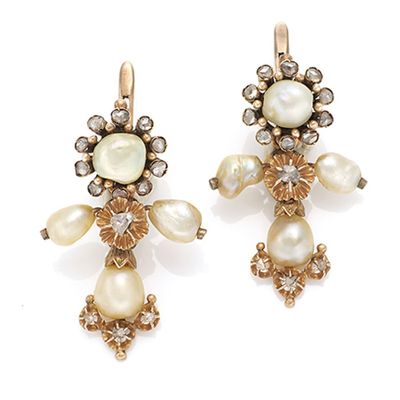 an image of a pair of pearl and diamond earrings