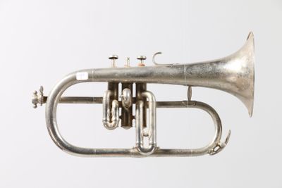 a silver trumpet that is sitting on a table