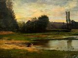 un tableau représentant un homme et une femme assis au bord d'une rivière