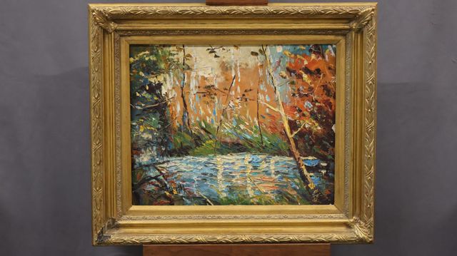 École française 20ème « Paysage lacustre ». Huile sur toile. Sign...