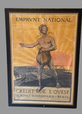 une vieille affiche représentant un homme tenant une épée devant un coucher de soleil