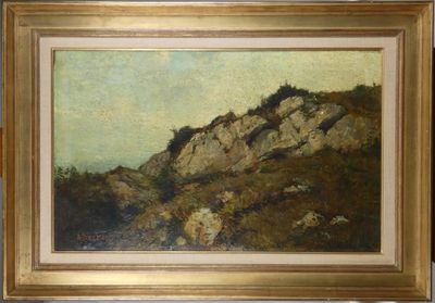 une peinture à l'huile représentant un paysage de montagne avec des rochers et des arbres au premier plan