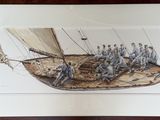 a drawing of a group of men on a boat