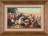 an oil painting of a group of people sitting on a beach