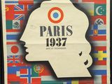 une affiche pour l'Exposition internationale de Paris, représentant une tête d'homme et des drapeaux