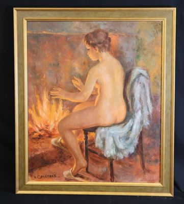 an oil painting of a nude woman sitting in front of a fire