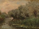 tableau représentant une rivière avec des canards dans l'eau et des arbres en arrière-plan
