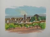 a painting of a village with a church in the background