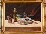 an oil painting of a still life with a candle, books, and a candle