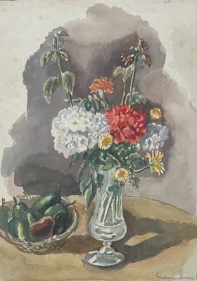 une peinture représentant un vase de fleurs et de fruits sur une table