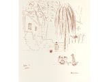 a drawing of a house and a dog in the yard