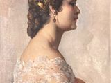 painting of a woman in a blue dress with a butterfly in her hair