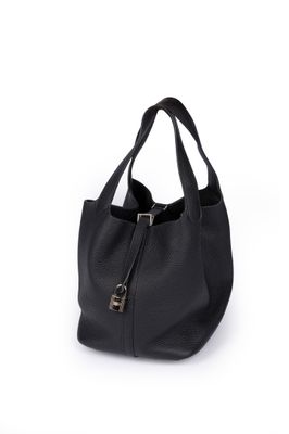 a black leather bag with a zipper on the front