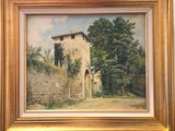 peinture représentant un vieux bâtiment en pierre avec un portail et des arbres en arrière-plan