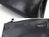 a close up of two photos of a black leather bag
