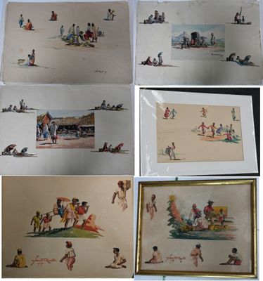 plusieurs photos d'une série de tableaux représentant des personnes sur une plage