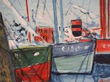 a painting of a boat in a harbor with other boats in the water